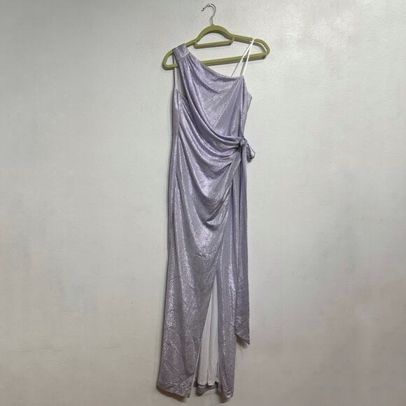 Aidan By Aidan Mattox Lavender Metallic One Shoulder Maxi Gown Sz 4 NWT - Picture 2 of 14